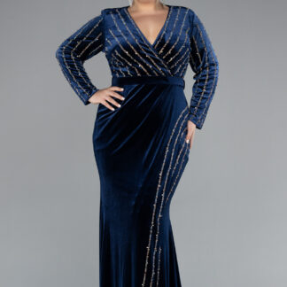 Lacivert Taşlı Uzun Kol Kadife Büyük Beden Abiye ABU4277