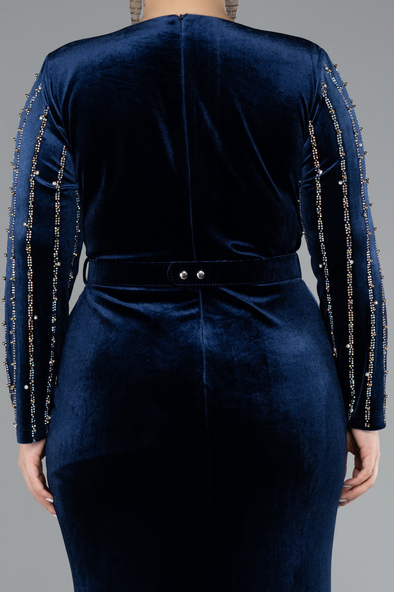 Lacivert Taşlı Uzun Kol Kadife Büyük Beden Abiye ABU4277 - Görsel 4