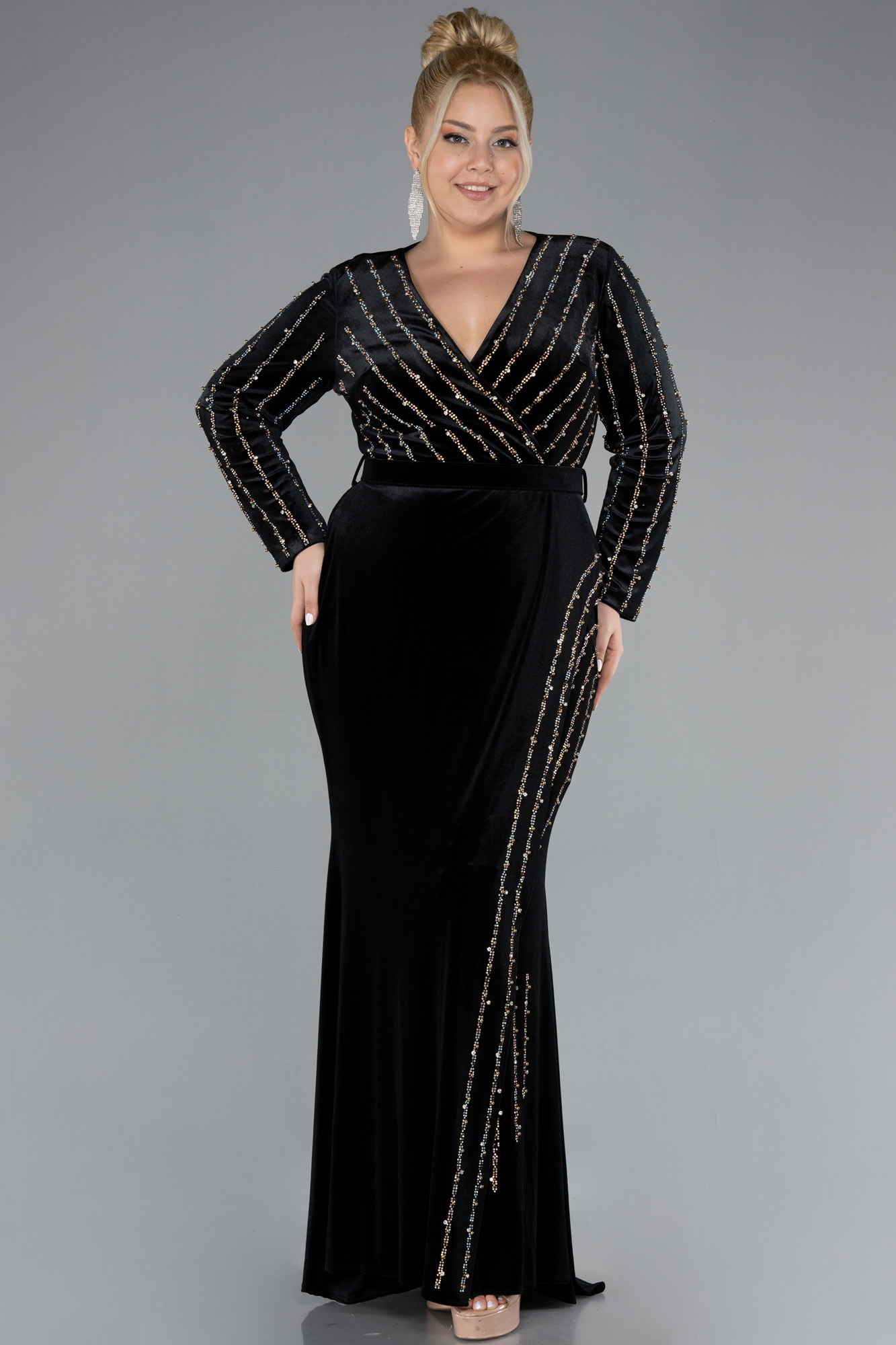 Lacivert Taşlı Uzun Kol Kadife Büyük Beden Abiye ABU4277 - Görsel 5