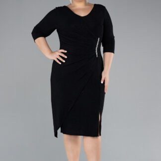 Siyah Kapri Kol Midi Büyük Beden Davet Elbisesi ABK1950