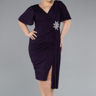Koyu Mor Kısa Kol Midi Simli Büyük Beden Davet Elbisesi ABK2146