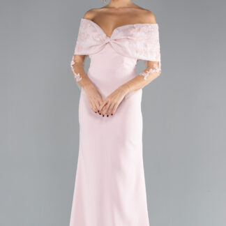 Pudra Güpürlü Kayık Yaka Uzun Kol Balık Abiye ABU4343