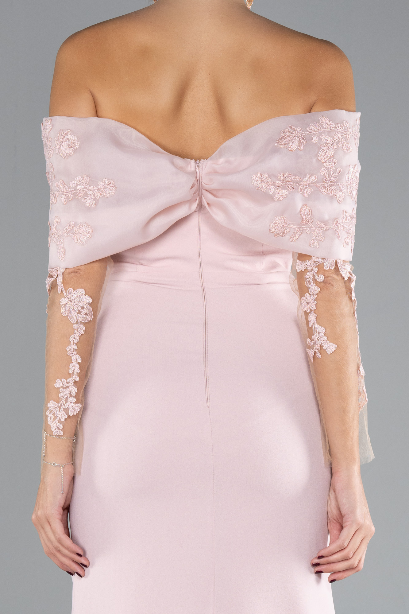 Pudra Güpürlü Kayık Yaka Uzun Kol Balık Abiye ABU4343 - Görsel 4