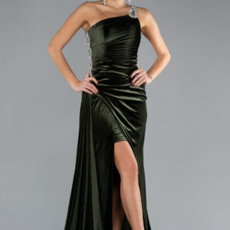 Haki Tek Omuz Bacak Dekolteli Uzun Kadife Abiye ABU3365