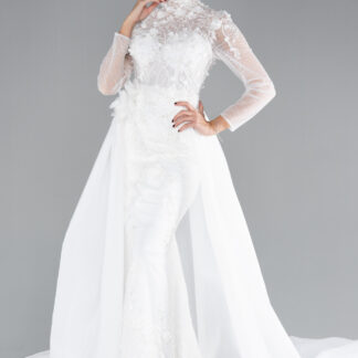 Ekru Uzun Kol Güpürlü Kuyruklu Büyük Beden Gelinlik ABG116