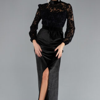 Siyah Güpürlü Uzun Kol Kadife Kemerli Abiye Elbise ABU4340