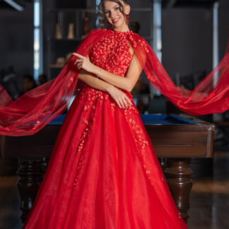 Kırmızı Halter Yaka Pelerin Kol Uzun Kına Elbisesi ABU4289