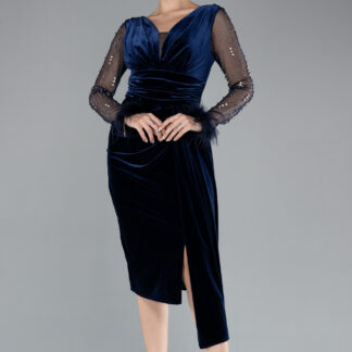 Lacivert Taşlı Uzun Tül Kol Midi Kadife Davet Elbisesi ABK2168