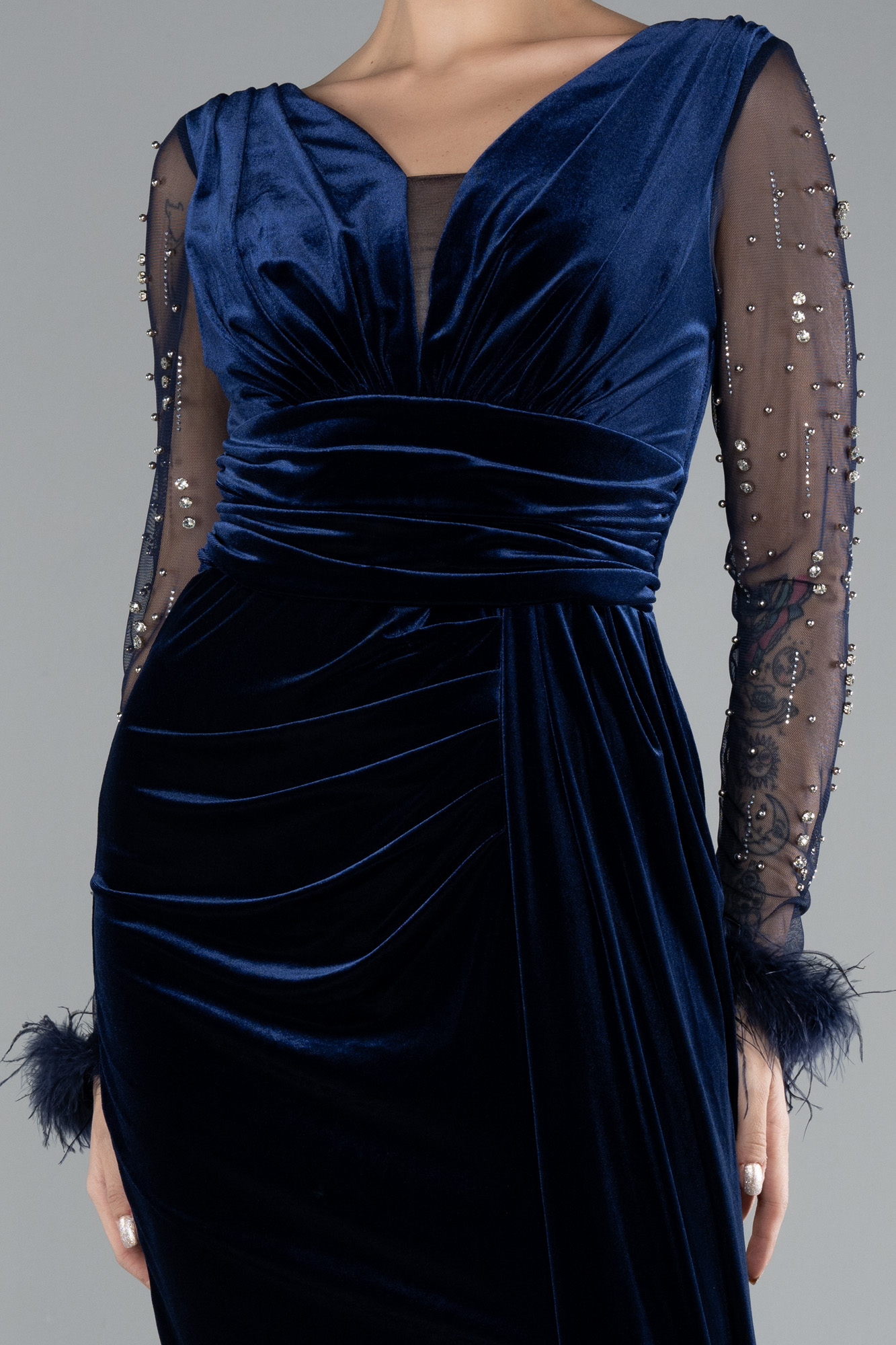 Lacivert Taşlı Uzun Tül Kol Midi Kadife Davet Elbisesi ABK2168 - Görsel 3