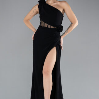Siyah Tek Omuz Bacak Dekolteli Uzun Abiye ABU4381