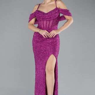 Fuşya Bacak Ve Omuz Dekolteli Uzun Boncuklu Abiye ABU4394