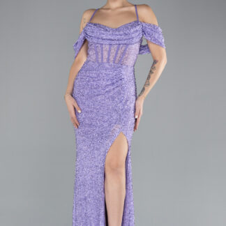 Lila Bacak Ve Omuz Dekolteli Uzun Boncuklu Abiye ABU4394