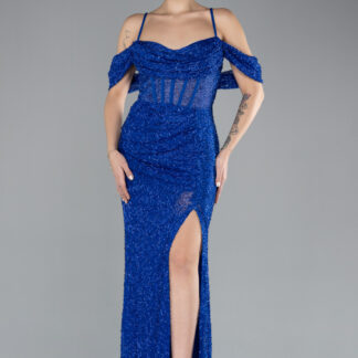 Saks Mavi Bacak Ve Omuz Dekolteli Uzun Boncuklu Abiye ABU4394