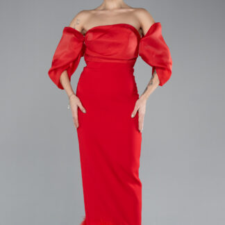 Kırmızı Straplez Kol Detay Midi Davet Elbisesi ABK1796
