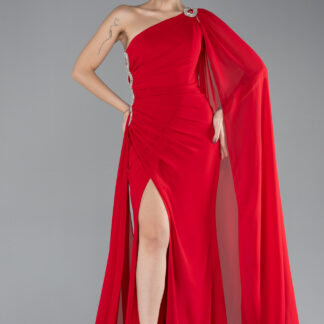 Kırmızı Şallı Tek Omuz Yırtmaçlı Uzun Şifon Abiye ABU4406