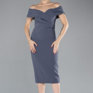 Antrasit Kayık Yaka Midi Davet Elbisesi ABK1902