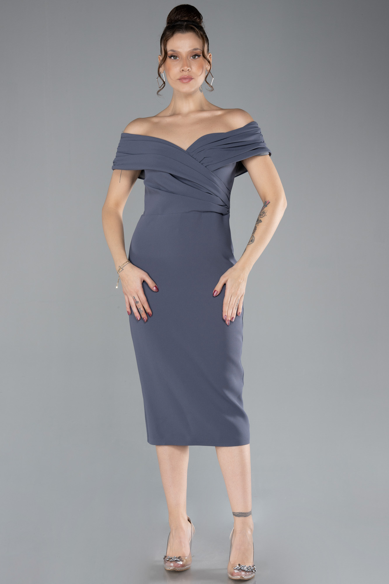 Antrasit Kayık Yaka Midi Davet Elbisesi ABK1902