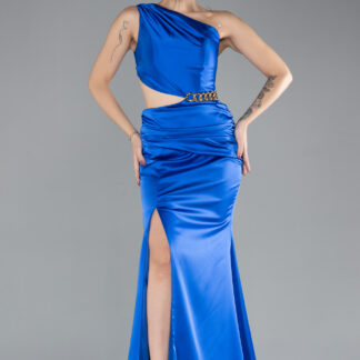 Saks Mavi Tek Omuz Yırtmaçlı Uzun Saten Abiye ABU4409