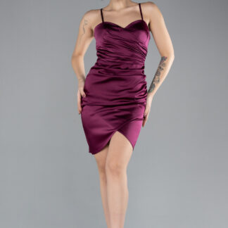 Mürdüm Askılı Mini Saten Davet Elbisesi ABK2441