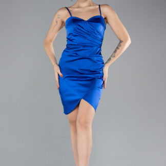 Saks Mavi Askılı Mini Saten Davet Elbisesi ABK2441