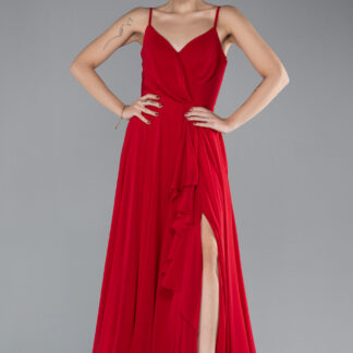 Kırmızı Askılı Yırtmaçlı Uzun Şifon Mezuniyet Elbisesi ABU4412