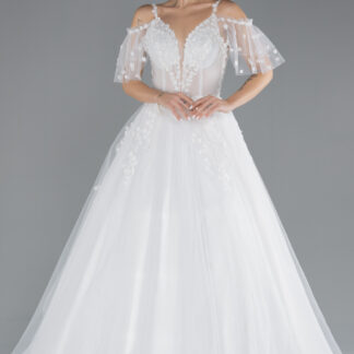 Ekru Kısa Kol Güpür İşlemeli Uzun Büyük Beden Gelinlik ABG043