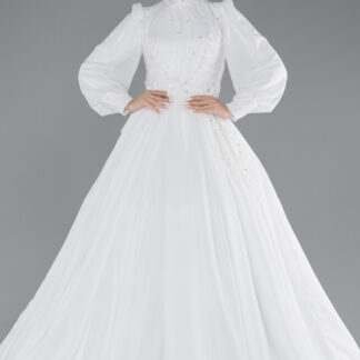 Ekru Uzun Kol İşlemeli Şifon Büyük Beden Tesettür Gelinlik ABG050