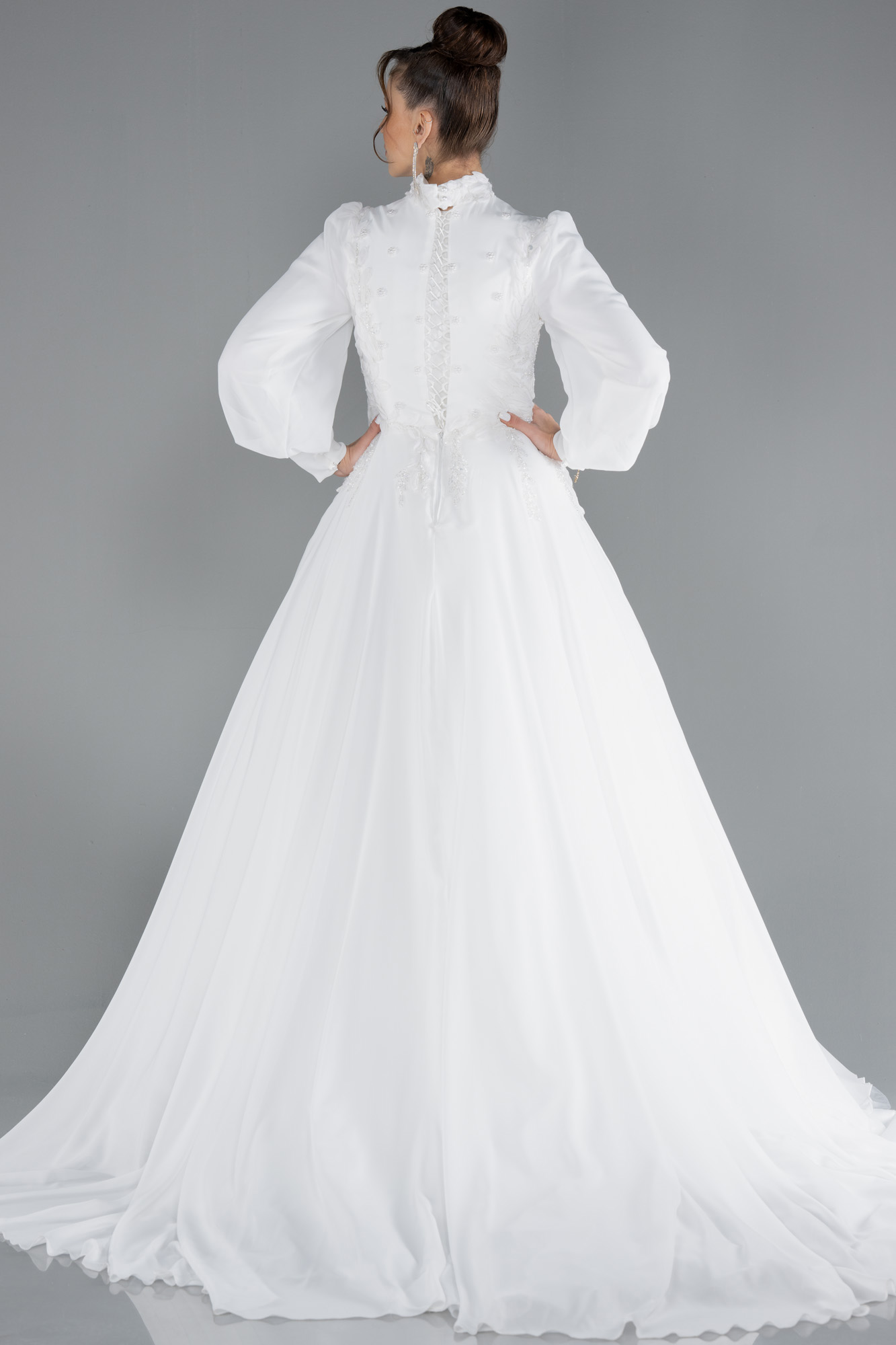 Ekru Uzun Kol İşlemeli Şifon Büyük Beden Tesettür Gelinlik ABG050 - Görsel 2