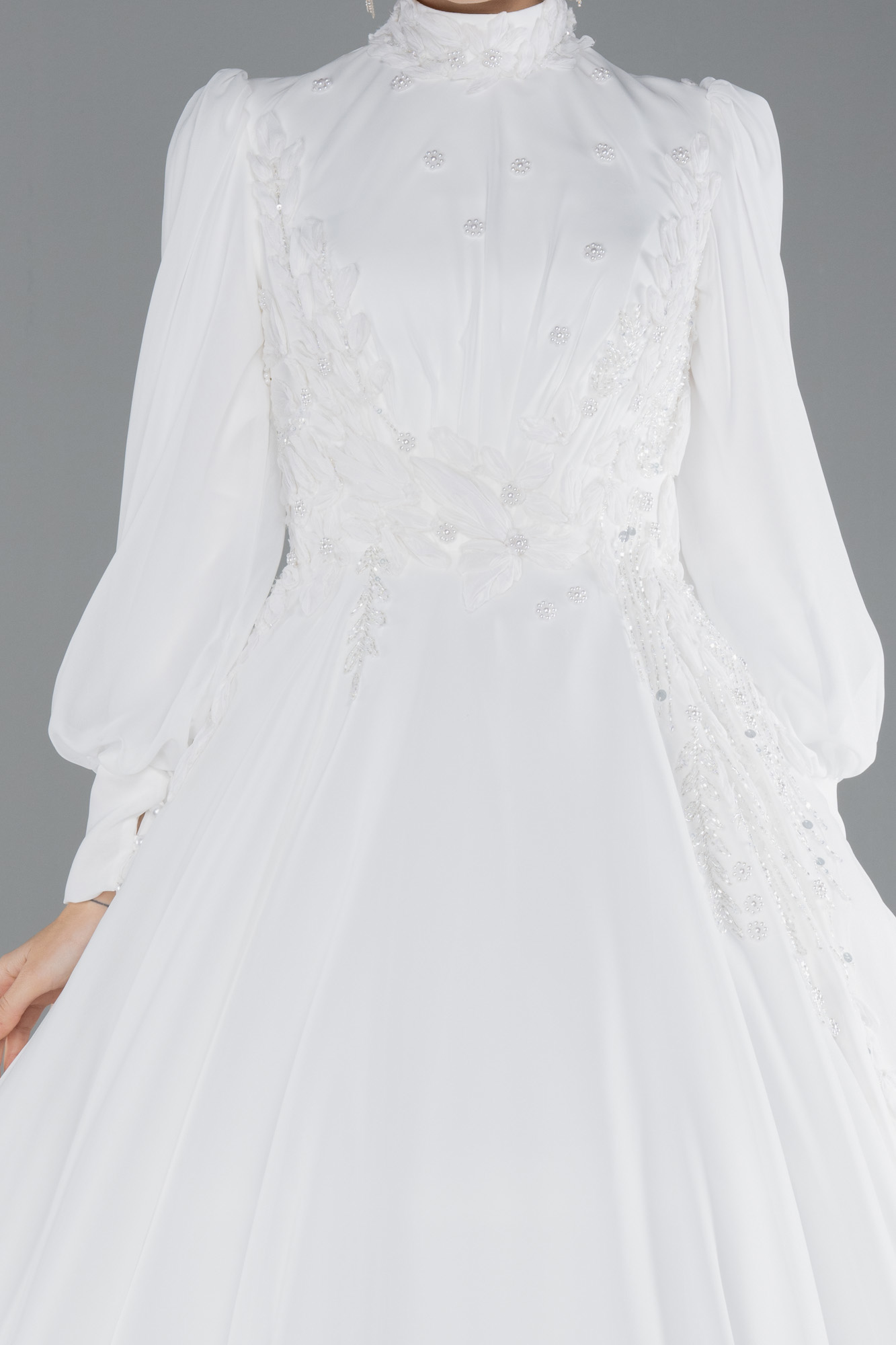 Ekru Uzun Kol İşlemeli Şifon Büyük Beden Tesettür Gelinlik ABG050 - Görsel 3