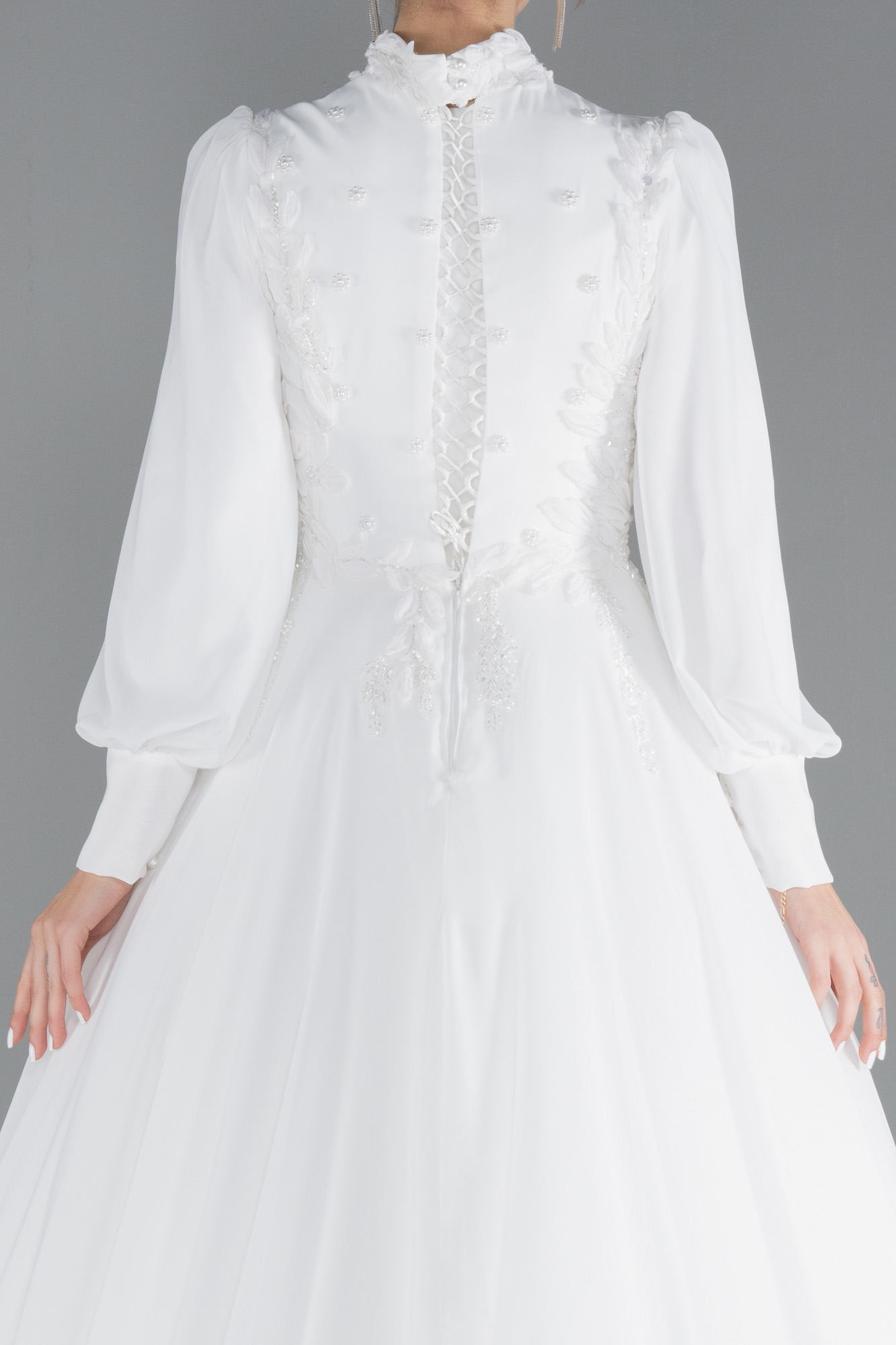 Ekru Uzun Kol İşlemeli Şifon Büyük Beden Tesettür Gelinlik ABG050 - Görsel 4