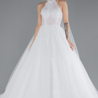 Ekru Halter Yaka Sırt Dekolteli Taş İşlemeli Uzun Gelinlik ABG053