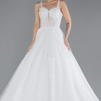 Ekru Askılı İşlemeli Balen Korse Uzun Büyük Beden Gelinlik ABG046