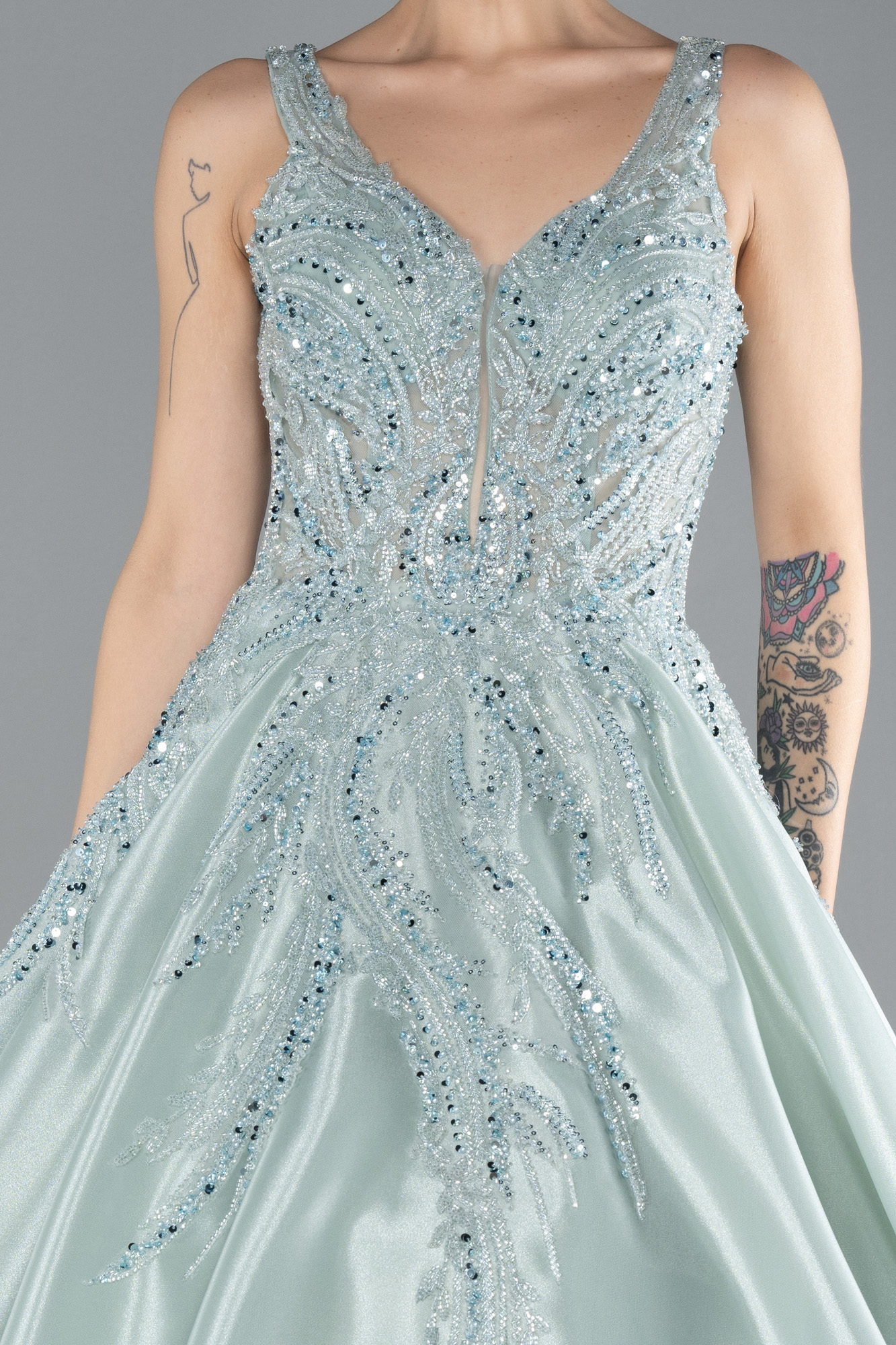 Mint Kolsuz Üstü İşlemeli Uzun Özel Tasarım Abiye ABU3595 - Görsel 3