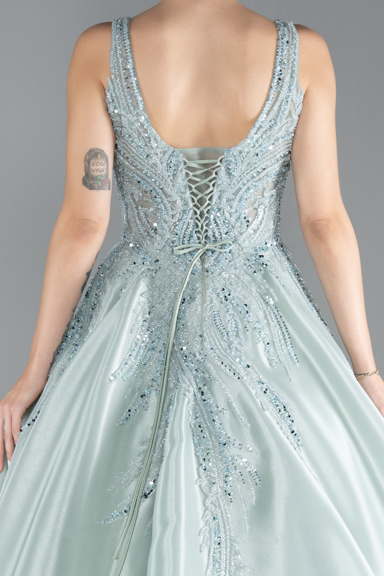 Mint Kolsuz Üstü İşlemeli Uzun Özel Tasarım Abiye ABU3595 - Görsel 4