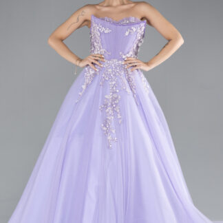 Lila Straplez Güpür İşlemeli Uzun Özel Tasarım Nişanlık ABU4431