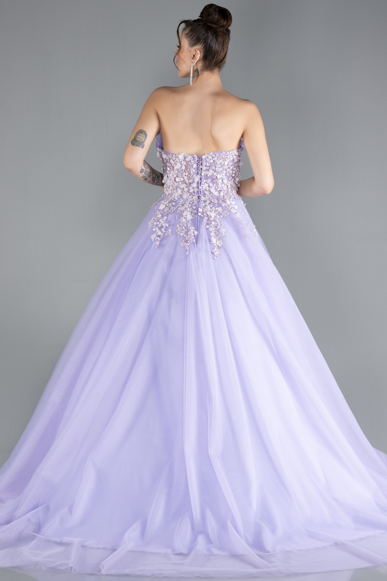 Lila Straplez Güpür İşlemeli Uzun Özel Tasarım Nişanlık ABU4431 - Görsel 2