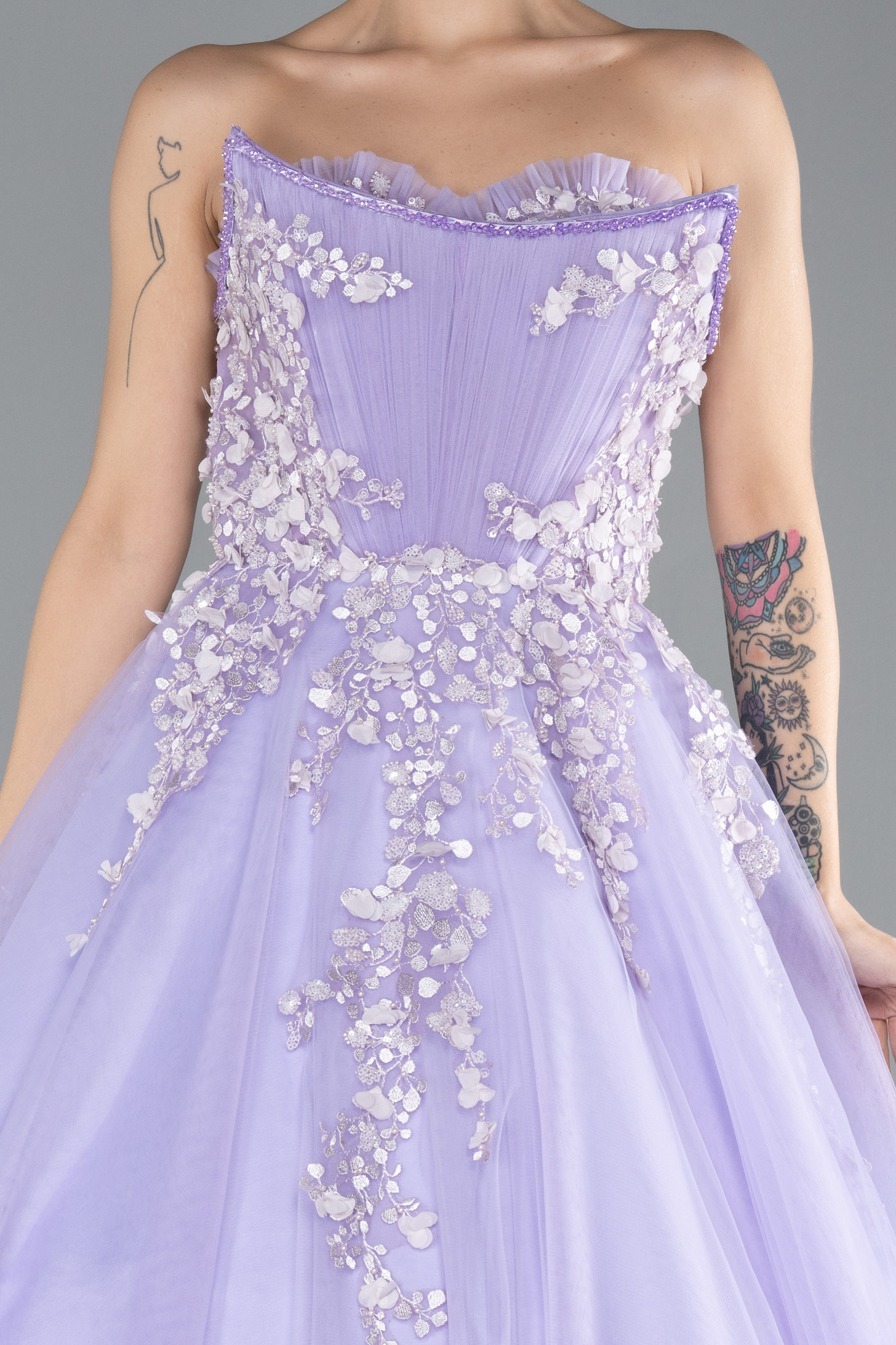 Lila Straplez Güpür İşlemeli Uzun Özel Tasarım Nişanlık ABU4431 - Görsel 3