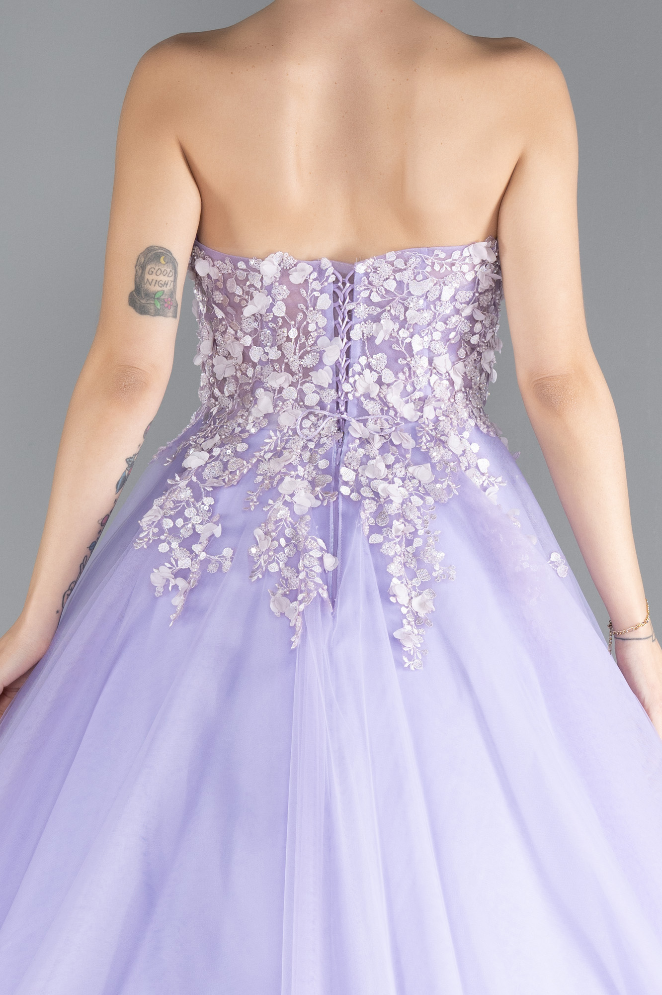 Lila Straplez Güpür İşlemeli Uzun Özel Tasarım Nişanlık ABU4431 - Görsel 4