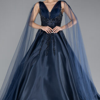 Lacivert Pelerin Kol Taş İşlemeli Uzun Prenses Model Nişanlık ABU4432