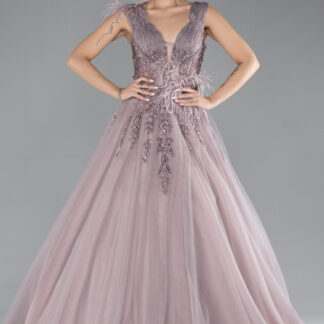 Gül Kurusu Kolsuz Taş İşlemeli Uzun Özel Tasarım Nişan Elbisesi ABU4433