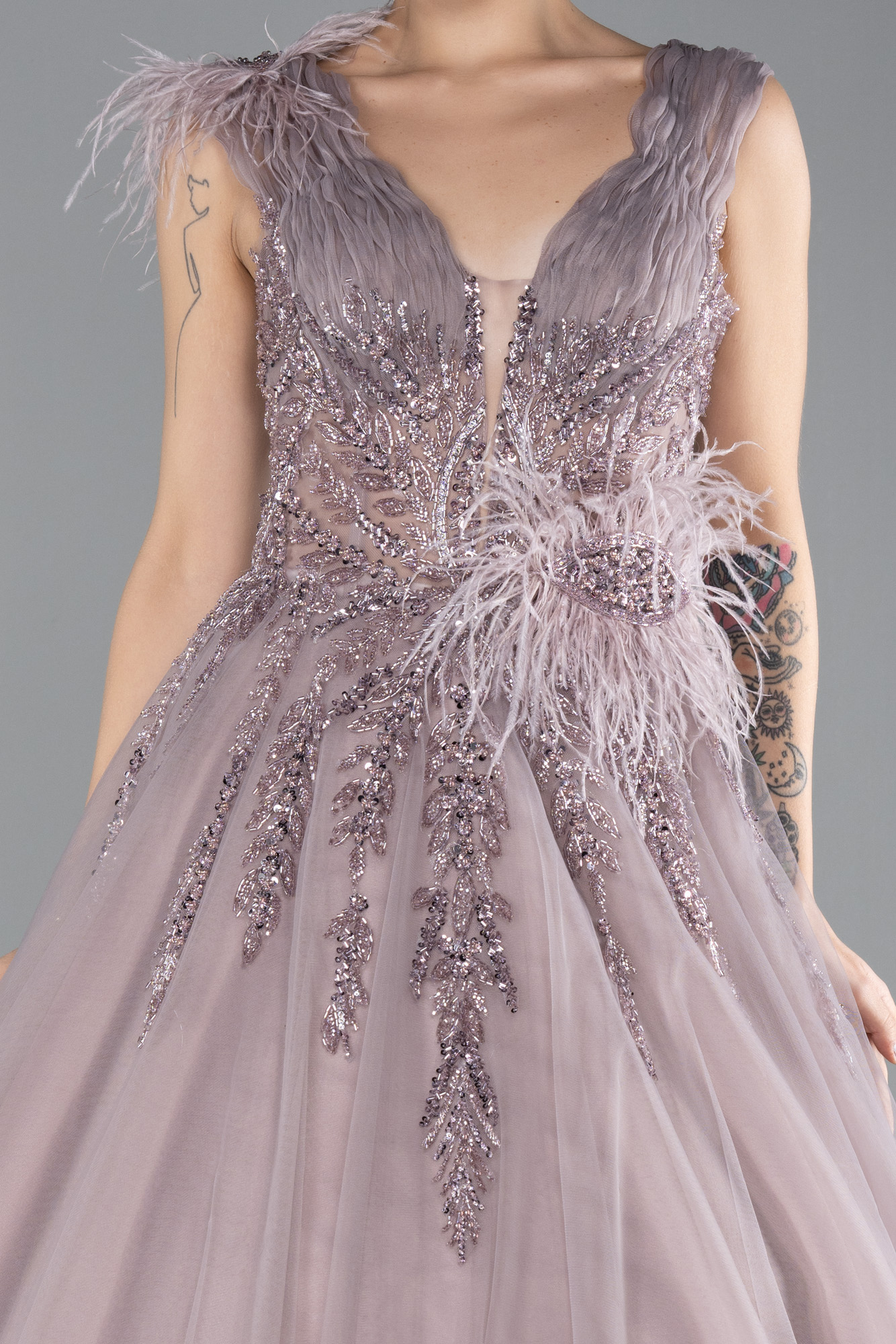 Gül Kurusu Kolsuz Taş İşlemeli Uzun Özel Tasarım Nişan Elbisesi ABU4433 - Görsel 3