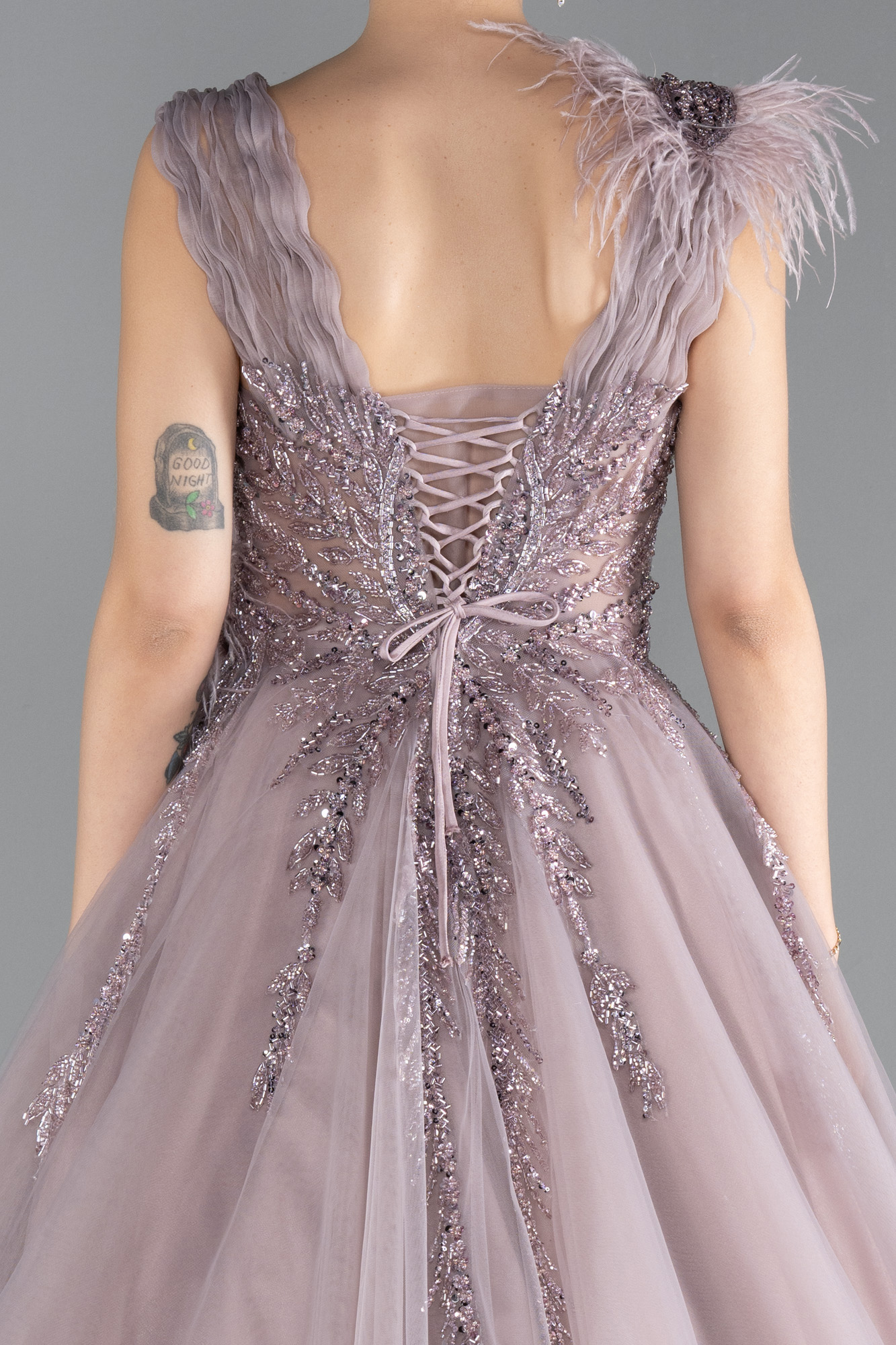 Gül Kurusu Kolsuz Taş İşlemeli Uzun Özel Tasarım Nişan Elbisesi ABU4433 - Görsel 4