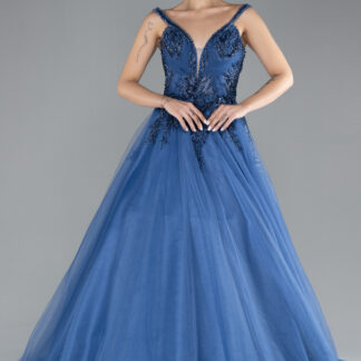 İndigo Taş İşlemeli Uzun Özel Tasarım Nişanlık ABU4435