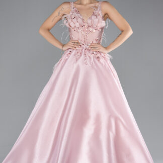 Pudra Askılı Boncuk İşlemeli Uzun Özel Tasarım Nişan Elbisesi ABU4441