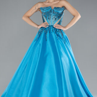 Petrol Mavisi Straplez Taş İşlemeli Uzun Özel Tasarım Nişan Elbisesi ABU4442