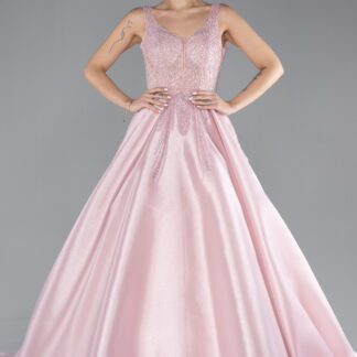 Pudra Kolsuz Taş İşlemeli Uzun Özel Tasarım Nişan Elbisesi ABU4443