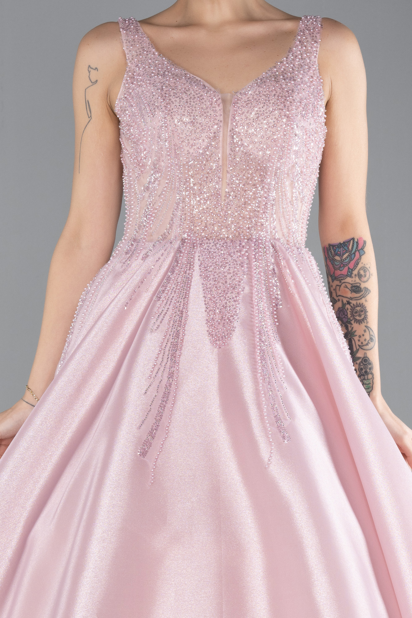 Pudra Kolsuz Taş İşlemeli Uzun Özel Tasarım Nişan Elbisesi ABU4443 - Görsel 3