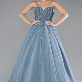 Gri-İndigo Taş İşlemeli Uzun Özel Tasarım Nişan Elbisesi ABU4486