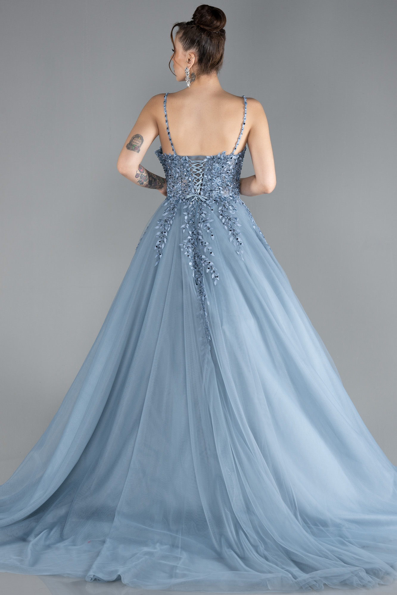 Gri-İndigo Taş İşlemeli Uzun Özel Tasarım Nişan Elbisesi ABU4486 - Görsel 2