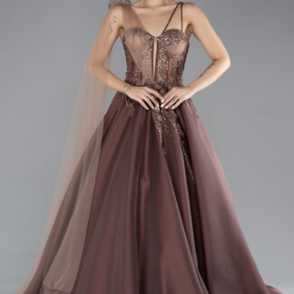 Tarçın Üstü İşlemeli Uzun Özel Tasarım Nişan Elbisesi ABU4446